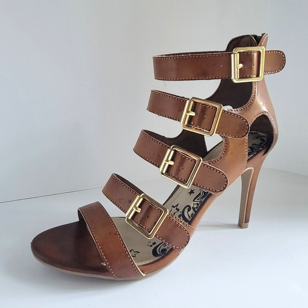 Brash Meridian Cognac/Brown Strapped Gold Buckled Sandals Size 6.5